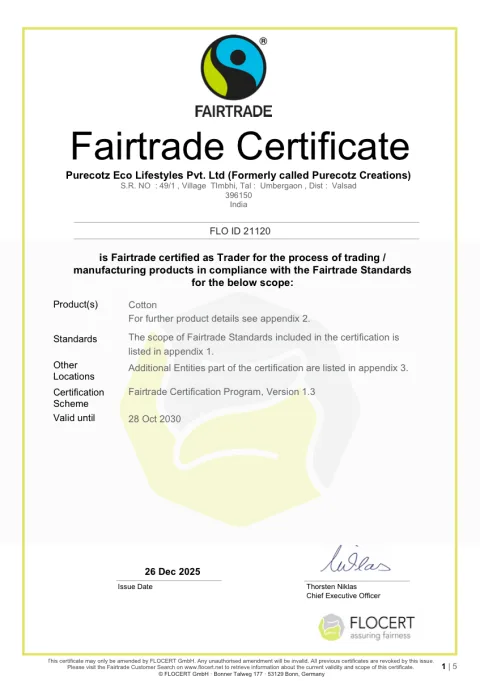 First page of the Fairtrade Cotton Certificate