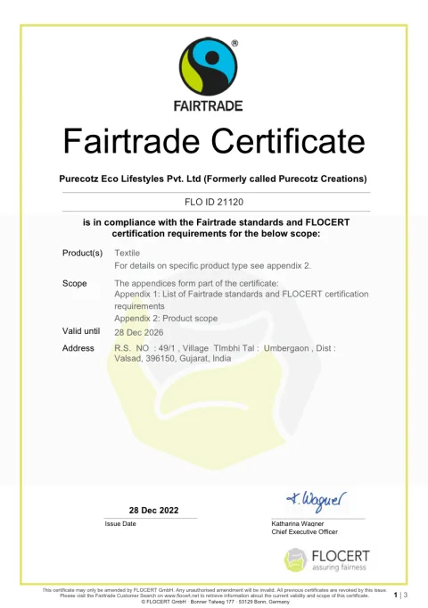 First page of the Fairtrade Textile Certificate