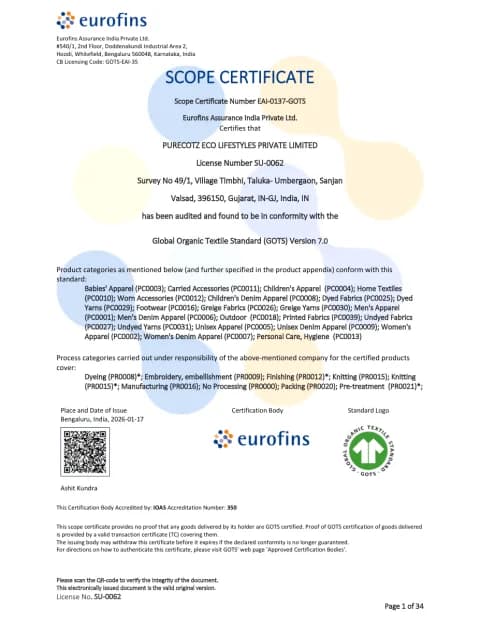 First page of the GOTS Scope Certificate