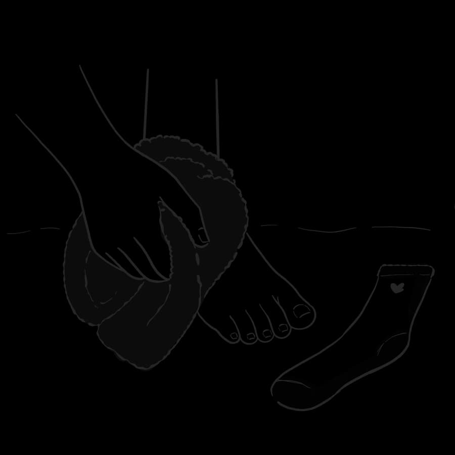 A pair of hands drying between the toes with a folded towel, the sock waiting flat on the bed beside it. Line illustration, single weight, no shading.