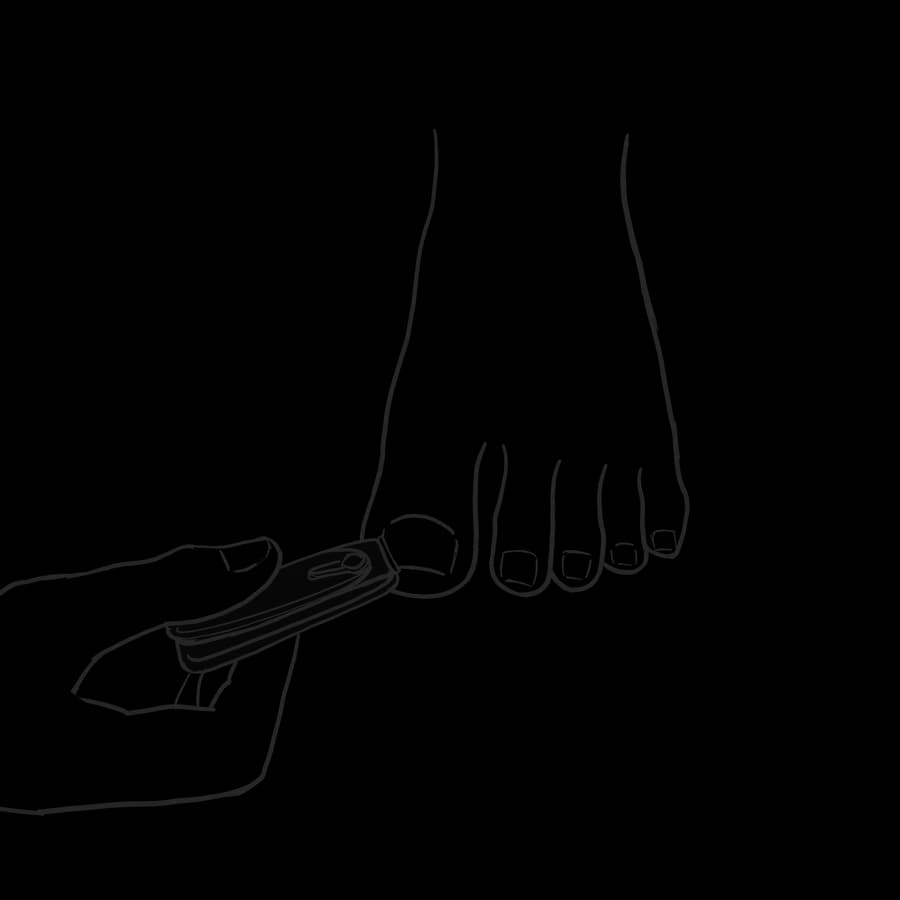 A close crop of a foot with neatly trimmed nails beside one with a long nail catching the knit, the catch drawn as a single pulled loop.