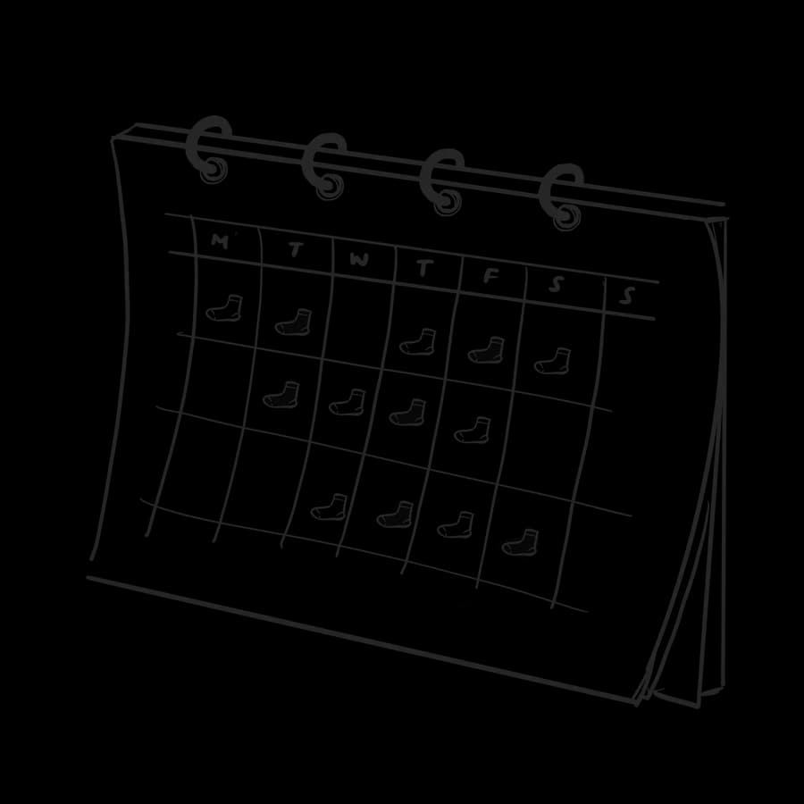 Seven sock silhouettes in a week grid, three of them shaded as resting. Simple, diagrammatic.