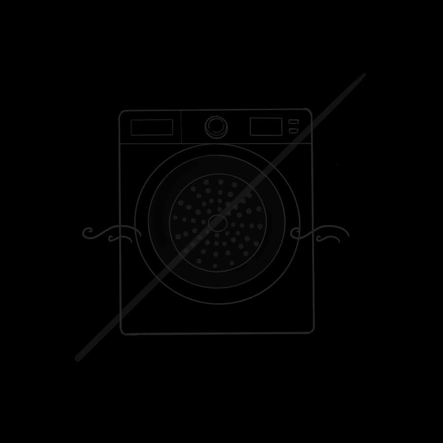 A tumble dryer drawn with the door open and a single diagonal stroke through it; a felted, shrunken sock in front of it for scale.